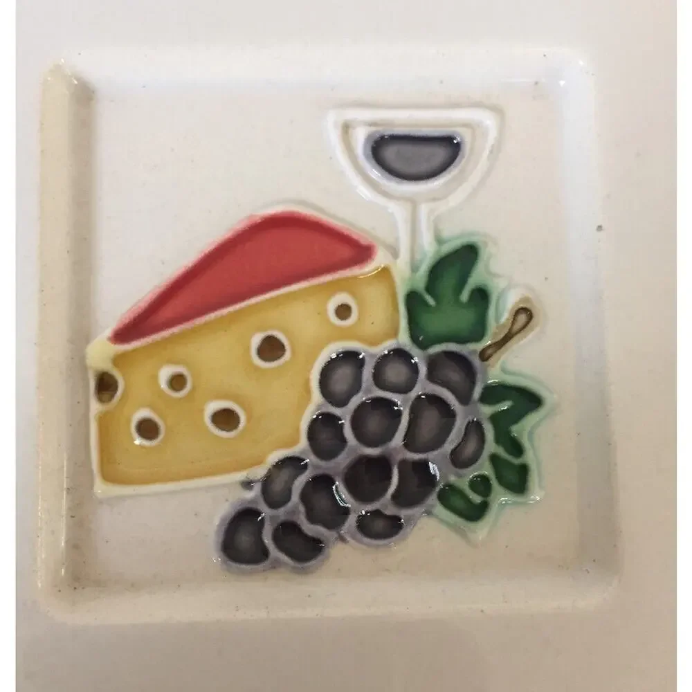 Pair Vtg Tomato Cheese Wine Red White Cork Backed Ceramic Tile Trivets 6